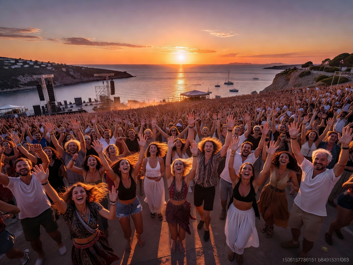 Crowds celebrating European island music festival at sunset