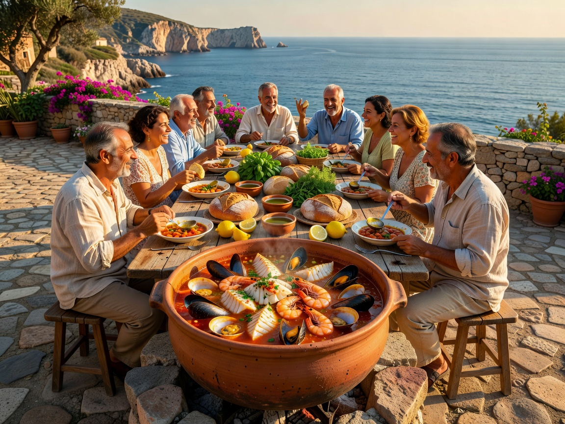 Mediterranean seafood stew and culinary gathering in Sicily